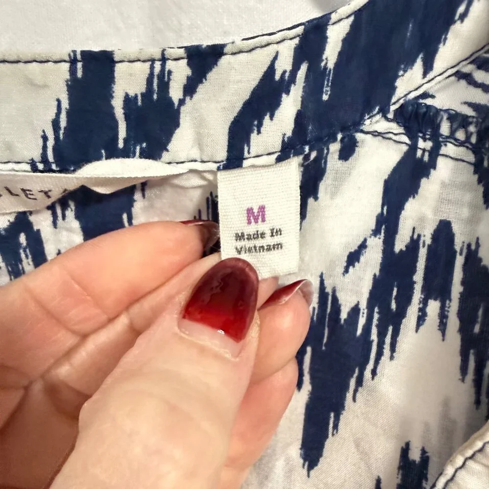 Athleta Blue White Printed Cotton‎ Silk Blend Kaftan Shirt Size M